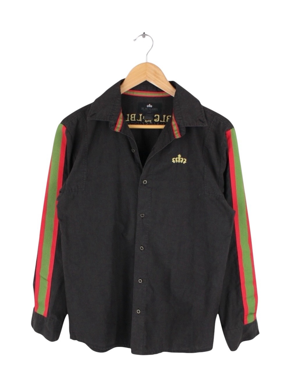 Blac Label Button Up Shirt Black Red Green Stripe Long Sleeve Youth Boys XL